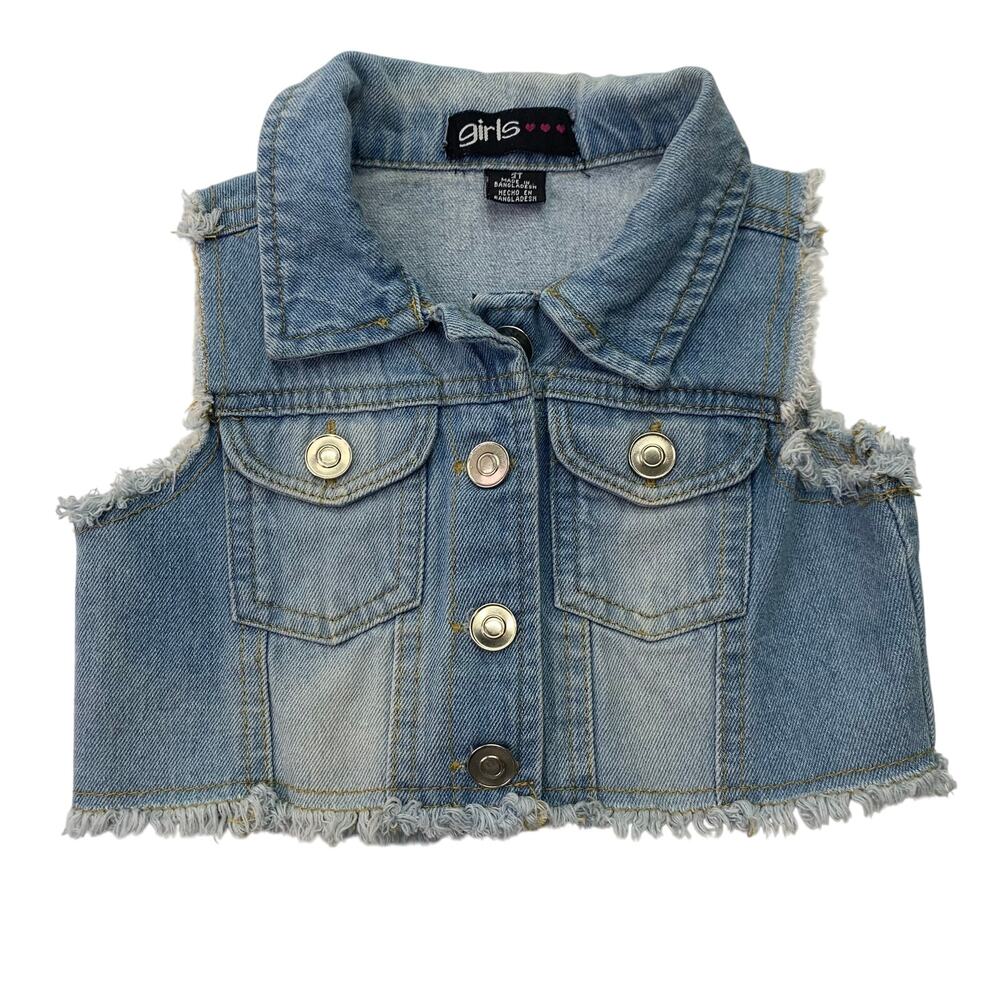 Girls 3T Toddlers Denim Jean Vest Faded Distressed Fringe Hem Sleeveless Jacket